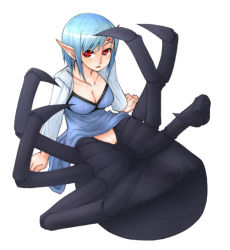Rule 34 | 1girl, arthropod girl, artist request, blue hair, breasts, bug, cleavage, dress, insect girl, looking at viewer, monster girl, pointy ears, pussy, red eyes, simple background, solo, spider, spider girl