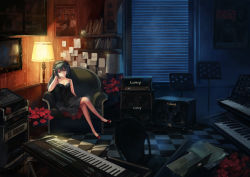 Rule 34 | 1girl, amplifier, book, chair, checkered floor, computer, crossed legs, drawing (object), dress, floor, flower, hatsune miku, headphones, hjl, instrument, keyboard (instrument), lamp, laptop, looking to the side, night, red flower, red rose, room, rose, sitting, solo, speaker, synthesizer, vocaloid