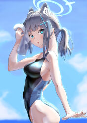 Rule 34 | 1girl, absurdres, animal ear fluff, animal ears, black one-piece swimsuit, blue archive, blue eyes, blue sky, breasts, cloud, competition swimsuit, covered navel, cowboy shot, cross hair ornament, day, extra ears, grey hair, hair ornament, halo, highres, horizon, kaifiya, looking at viewer, low ponytail, medium breasts, medium hair, mismatched pupils, multicolored clothes, multicolored swimsuit, ocean, official alternate costume, one-piece swimsuit, outdoors, shiroko (blue archive), shiroko (swimsuit) (blue archive), sky, solo, swimsuit, towel, wolf ears
