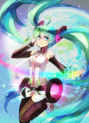 Rule 34 | 1girl, ahoge, bad id, bad pixiv id, breasts, bridal gauntlets, center opening, digital dissolve, elbow gloves, gloves, green eyes, green hair, hatsune miku, hatsune miku (append), highres, long hair, matching hair/eyes, necktie, solo, thighhighs, twintails, very long hair, vocaloid, vocaloid append, zhuxiao517