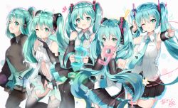 Rule 34 | 39, :d, ;), aqua eyes, aqua hair, asahi kuroi, black legwear, black skirt, blue necktie, blush, breasts, closed mouth, fang, hand on headphones, hatsune miku, headphones, highres, jpeg artifacts, long hair, looking at viewer, md5 mismatch, medium breasts, multiple views, navel, necktie, one eye closed, open mouth, ponytail, resolution mismatch, revision, signature, skirt, small breasts, smile, source larger, thighhighs, twintails, vocaloid
