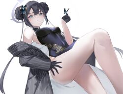 Rule 34 | 1girl, absurdres, black dress, black hair, blue archive, braid, braided bun, breasts, bug, butterfly, butterfly hair ornament, china dress, chinese clothes, coat, double bun, dragon print, dress, gloves, grey coat, grey eyes, hair bun, hair ornament, half gloves, halo, hanasawa (pixiv53877974), highres, impossible clothes, impossible dress, insect, kisaki (blue archive), long hair, medium breasts, print dress, short dress, sleeveless, sleeveless dress, striped, striped coat, thighs, twintails, vertical-striped coat, white background