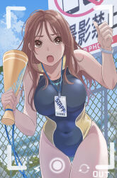 1girl black_one-piece_swimsuit blue_reflection_(series) blue_reflection_tie brown_eyes brown_hair chain-link_fence commission competition_swimsuit fake_screenshot fence highres id_card long_hair megaphone miyauchi_rena nikulas_cage one-piece_swimsuit open_mouth pixiv_commission recording sign solo swimsuit thigh_gap two-tone_swimsuit viewfinder