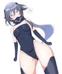 Rule 34 | 1girl, ?, bare shoulders, black bodysuit, black gloves, black thighhighs, blue eyes, blue hair, bodysuit, breasts, chapa kari, closed mouth, covered erect nipples, covered navel, elbow gloves, fu hua, fu hua (shadow knight), gloves, grey hair, highres, honkai (series), honkai impact 3rd, low ponytail, medium breasts, official alternate costume, ponytail, simple background, sleeveless, solo, speech bubble, stomach, thighhighs, thighs, white background