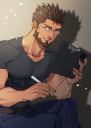 Rule 34 | 1boy, abs, bara, beard, belt, biceps, brown hair, denim, facial hair, glasses, grey eyes, highres, jeans, crossed legs, male focus, mature male, muscular, muscular male, old, old man, original, pants, pectorals, shirt, signature, smile, solo, spiked hair, stylus, t-shirt, table, thick arms, tight clothes, yoshinaga haru