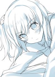 Rule 34 | 1girl, blue theme, blush, close-up, closed mouth, hiraga matsuri, long hair, long sleeves, monochrome, original, pursed lips, side ponytail, simple background, sketch, solo, upper body