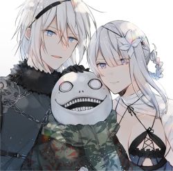 Rule 34 | 1girl, 2boys, bad id, bad twitter id, blue eyes, braid, breasts, chain, closed mouth, emil (nier), eyes visible through hair, floral print, flower, fur trim, green scarf, grey eyes, hair between eyes, hair flower, hair ornament, hand on another&#039;s head, highres, kaine (nier), kurosawa kazuto, multiple boys, nier (series), nier (brother), open mouth, parted lips, scarf, simple background, smile, teeth, white background, white flower, white hair