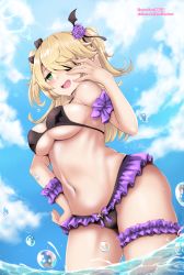 Rule 34 | 1girl, absurdres, beach, bikini, black bikini, blonde hair, blue sky, blush, bow, breasts, bubble, chuunibyou, cloud, day, eyepatch, fischl (genshin impact), flower, frilled bikini, frills, genshin impact, green eyes, hair bow, hair flower, hair ornament, half-closed eyes, highres, incro300, navel, open mouth, outdoors, partially submerged, rose, sky, smile, solo, swimsuit, twintails, two side up, underboob, wading