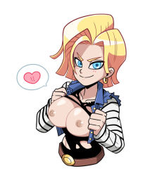 Rule 34 | 1girl, android 18, blonde hair, blue eyes, breasts, dragon ball, dragonball z, earrings, eyebrows, heart, itsdatskelebutt, jewelry, nipples, shirt, short hair, simple background, smile, solo, white background