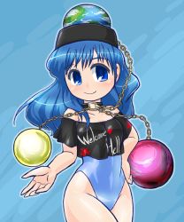 Rule 34 | 1girl, bare shoulders, blue eyes, blue hair, blush, crop top, hand on own hip, hecatia lapislazuli, hecatia lapislazuli (earth), highleg, highleg swimsuit, hip focus, long hair, off shoulder, one-piece swimsuit, smile, solo, swimsuit, touhou, wavy hair, winn