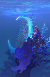 Rule 34 | 1girl, blue dress, breasts, brown hair, chinese commentary, cleavage, closed eyes, closed mouth, commentary request, coral reef, dress, earrings, harp, highres, ibuki satsuki, instrument, jewelry, long hair, long sleeves, music, original, outdoors, playing instrument, sitting, solo, underwater, water