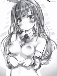 Rule 34 | 1girl, bad id, bad pixiv id, blush, bow, breasts, closed mouth, detached collar, detached sleeves, greyscale, hair bow, hairband, head tilt, highres, kizuna ai, kizuna ai inc., long hair, long sleeves, looking at viewer, medium breasts, monochrome, naked necktie, nanashi (nlo), necktie, nipples, own hands together, short necktie, solo, upper body, virtual youtuber, wing collar