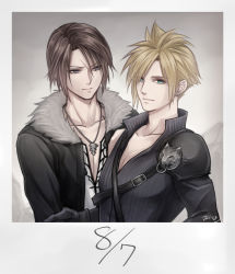 Rule 34 | 2boys, armor, black gloves, black jacket, black shirt, blonde hair, blue eyes, brown hair, chain, chain necklace, cloud strife, collarbone, earrings, final fantasy, final fantasy vii, final fantasy vii advent children, final fantasy viii, gloves, grey background, grey eyes, hiryuu (kana h), jacket, jewelry, long sleeves, looking at viewer, male focus, multiple boys, necklace, open collar, parted bangs, polaroid, scar, scar on face, shirt, short hair, shoulder armor, single earring, single sleeve, squall leonhart, upper body, white shirt, wolf