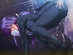 Rule 34 | 1boy, 1girl, all fours, ass, ass grab, black lilith, blush, book, boots, breasts, butler, censored, clothed sex, doggystyle, eyepatch, formal, game cg, hanging breasts, happy sex, hetero, high heel boots, high heels, kagami hirotaka, large breasts, long hair, looking back, nail polish, onmyou kishi towako, orgasm, penetration through clothes, purple hair, pussy juice, saliva, sex, sex from behind, shiki reika, smile, suit, sweat, through clothes, vaginal, yellow eyes