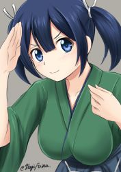 Rule 34 | &gt;:), 10s, 1girl, arm up, blue eyes, blue hair, blush, breasts, brown background, collarbone, fuuma nagi, hair between eyes, hair ribbon, hand up, impossible clothes, japanese clothes, kantai collection, kimono, large breasts, looking at viewer, looking to the side, matching hair/eyes, ribbon, salute, short hair, simple background, smile, solo, souryuu (kancolle), twintails, twitter username, upper body, v-shaped eyebrows, white ribbon, wide sleeves