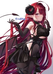 Rule 34 | 1girl, absurdly long hair, artist name, azur lane, bare shoulders, black gloves, black headband, black horns, black pantyhose, black skirt, breasts, center cross lace, center frills, clothing cutout, covered navel, cowboy shot, curled horns, demon girl, demon horns, demon wings, elbow gloves, frills, from side, gloves, hand in own hair, headband, hindenburg (azur lane), horns, large breasts, long hair, long pointy ears, looking at viewer, low wings, makihige, miniskirt, o-ring, pantyhose, pointy ears, purple eyes, red hair, showgirl skirt, simple background, skirt, slit pupils, solo, underboob, underboob cutout, very long hair, white background, wings