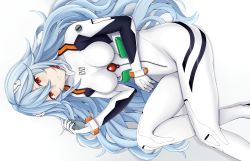 Rule 34 | 1girl, absurdres, ayanami rei, blue hair, bodysuit, breasts, evangelion: 3.0+1.0 thrice upon a time, hairpods, highres, interface headset, long hair, medium breasts, neon genesis evangelion, pilot suit, plugsuit, rebuild of evangelion, red eyes, solo, very long hair, white bodysuit, yuzu072