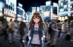 Rule 34 | 10s, 1girl, analog clock, artist request, billboard, black pants, blue eyes, brown hair, city, clock, closed mouth, collarbone, crowd, denim, denim jacket, dot nose, earrings, glowing, hands in pockets, idolmaster, idolmaster cinderella girls, idolmaster cinderella girls starlight stage, jacket, jeans, jewelry, light smile, lights, lips, long hair, long sleeves, looking at viewer, motion blur, necklace, night, night sky, official art, outdoors, pants, parted bangs, pocket, print shirt, shibuya rin, shirt, sky, sleeves rolled up, solo focus, standing, star (symbol), star earrings, stud earrings, thigh gap, tree, unbuttoned, white shirt, window, wing collar, zipper