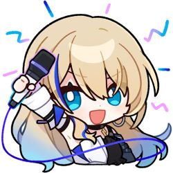 Rule 34 | 1girl, :d, arm up, armpits, black choker, blonde hair, blue eyes, chibi, choker, commentary, detached sleeves, earrings, english commentary, holding, holding microphone, honkai: star rail, honkai (series), jewelry, long hair, long sleeves, microphone, multicolored hair, official art, open mouth, serval landau, smile, solo, streaked hair, transparent background, upper body, v-shaped eyebrows, white sleeves