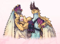 Rule 34 | 1boy, 1other, alternate size, baby, baby carrier, black horns, black skin, blue skin, boo rad13y, brown eyes, colored skin, commentary, cup, dragon, dragon tail, dragon wings, english commentary, english text, extra arms, gore magala, highres, holding, holding coffee pot, holding cup, horns, looking to the side, monster hunter (series), no eyes, purple claws, red claws, shagaru magala, sharp teeth, simple background, smile, standing, steam, tail, teeth, unamused, wings, yellow skin
