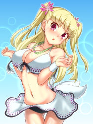 Rule 34 | 1girl, :o, bare shoulders, bikini, bikini skirt, blonde hair, blunt bangs, blush, breasts, chestnut mouth, cleavage, emanon123, female focus, front-tie top, hair ornament, highres, jewelry, large breasts, long hair, navel, necklace, pink eyes, solo, stomach, strap gap, swimsuit, thigh gap, tokyo 7th sisters, two side up, uesugi u. kyouko, uesugi webers kyouko, white bikini, wristband