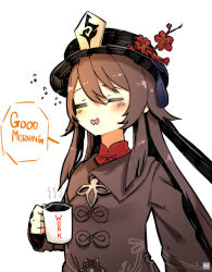 Rule 34 | 1girl, = =, absurdres, admiralkukichi, black hat, brown coat, brown hair, coat, commentary, cup, english commentary, english text, flower, genshin impact, hat, hat flower, hat tassel, highres, holding, holding cup, hu tao (genshin impact), light blush, long hair, long sleeves, mug, open mouth, print mug, simple background, solo, speech bubble, twintails, upper body, white background