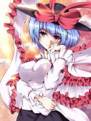 Rule 34 | 1girl, bad id, bad pixiv id, blue hair, bow, breasts, chorin, female focus, frills, gradient background, hand to own mouth, hat, hat ribbon, impossible clothes, impossible shirt, large breasts, light rays, nagae iku, red eyes, ribbon, scarf, shirt, short hair, solo, sparkle, sunbeam, sunlight, taut clothes, taut shirt, touhou, upper body