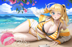 Rule 34 | 1girl, ;o, ahoge, anti kumo, bare legs, bare shoulders, barefoot, beach, bikini, black bikini, blonde hair, blue eyes, blue sky, blush, breasts, cellphone, cleavage, cloud, cloudy sky, collarbone, commentary request, day, front-tie bikini top, front-tie top, hachimiya meguru, hair ribbon, highres, horizon, huge breasts, idolmaster, idolmaster shiny colors, layered bikini, lipstick mark, long hair, looking at viewer, lying, multicolored bikini, multicolored clothes, navel, ocean, official alternate costume, official alternate hairstyle, on side, one eye closed, open mouth, outdoors, phone, ponytail, revision, ribbon, sand, see-through, see-through shirt, shirt, signature, sky, sleeves past wrists, solo, stomach, striped bikini, striped clothes, sweat, swimsuit, thighs, two-tone bikini, unbuttoned, unbuttoned shirt, v, w, water, wet, yellow bikini