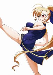 Rule 34 | ass, blonde hair, blue panties, blush, bouncing breasts, breasts, china dress, chinese clothes, covered erect nipples, dress, green eyes, hair ornament, hair ribbon, heterochromia, highres, kicking, large breasts, long hair, lyrical nanoha, mahou shoujo lyrical nanoha strikers, open mouth, panties, pantyshot, ponytail, red eyes, ribbon, simple background, solo, tappa (esperanza), underwear, very long hair, vivio, white background