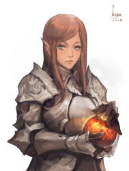 Rule 34 | 1girl, 2018, absurdres, armor, bad id, bad pixiv id, blue eyes, brown hair, couter, dated, elf, gauntlets, highres, lips, long hair, looking at viewer, original, pauldrons, plate armor, pointy ears, seuyan, shoulder armor, solo, white background