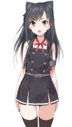 Rule 34 | 10s, 1girl, animal ears, asashio (kancolle), bad id, bad twitter id, bare shoulders, black eyes, black hair, black thighhighs, blush, cat ears, collarbone, commentary request, dress, flat chest, kantai collection, kawata hisashi, long hair, looking at viewer, neck ribbon, no panties, open mouth, pinafore dress, red ribbon, ribbon, school uniform, simple background, sleeveless, sleeveless dress, solo, standing, suspenders, thighhighs, white background, zettai ryouiki