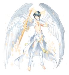 Rule 34 | 1boy, absurdres, angel, closers, full body, green eyes, green hair, highres, male focus, necktie, official art, seha lee, solo, sword, weapon, white wings, wings