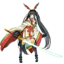 Rule 34 | 1girl, bare shoulders, black hair, boots, breasts, cover, energy sword, full body, gradient background, highres, holding, holding weapon, japanese clothes, kaguya (queen&#039;s blade), kimono, knee boots, large breasts, logo, long hair, looking at viewer, obi, official art, queen&#039;s blade, queen&#039;s blade grimoire, red eyes, saitou masatsugu, sash, scan, simple background, solo, sword, very long hair, weapon, wide sleeves
