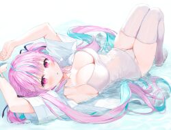 Rule 34 | 1girl, absurdres, ahoge, aqua hair, armpits, arms up, blunt bangs, blush, breasts, cleavage, collarbone, commentary request, curvy, eyelashes, groin, hair between eyes, hair spread out, hand out of frame, highres, hololive, knees up, large breasts, legs together, long hair, looking at viewer, lying, minato aqua, multicolored hair, no shoes, on back, one-piece swimsuit, open clothes, open mouth, open shirt, pink eyes, pink hair, shirt, simple background, skindentation, solo, streaked hair, swimsuit, thighhighs, thighs, twintails, two-tone hair, very long hair, virtual youtuber, water, wet, wet clothes, wet swimsuit, white background, white one-piece swimsuit, white shirt, white thighhighs, yana mori
