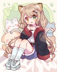 Rule 34 | 1girl, alternate hairstyle, animal ear fluff, animal ears, cat ears, cat girl, cat hair ornament, cat tail, commission, fang, forked tail, green eyes, hair ornament, heterochromia, highres, light brown hair, mokarooru, multiple tails, prism project, second-party source, shoes, shorts, skeb commission, sneakers, socks, stuffed animal, stuffed toy, suzune nia, tail, two tails, virtual youtuber, yellow eyes