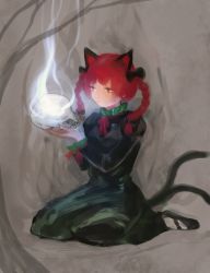 Rule 34 | 1girl, animal ears, bow, braid, cat ears, cat tail, dress, extra ears, green dress, hair bow, highres, kaenbyou rin, long sleeves, multiple tails, nekomata, red eyes, red hair, sitting, solo, tail, touhou, twin braids, two tails, yahishi11