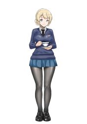Rule 34 | 10s, 1girl, black footwear, black necktie, black pantyhose, blonde hair, blue eyes, blue skirt, blue sweater, braid, closed mouth, collared shirt, commentary, cup, darjeeling (girls und panzer), dress shirt, emblem, full body, girls und panzer, highres, holding, holding cup, holding saucer, loafers, long sleeves, looking at viewer, miniskirt, necktie, pantyhose, pleated skirt, saucer, school uniform, shirt, shoes, short hair, skirt, smile, solo, st. gloriana&#039;s (emblem), st. gloriana&#039;s school uniform, standing, sweater, swept bangs, teacup, thighs, twin braids, v-neck, white shirt, wing collar, yamano rita