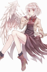 Rule 34 | bare legs, black socks, blush, boots, bow, bowtie, brown dress, brown footwear, closed mouth, dress, feathered wings, feathers, full body, hand to own mouth, high heel boots, high heels, jacket, kishin sagume, kneehighs, long sleeves, looking at viewer, miyakure, open clothes, open jacket, red bow, red bowtie, red eyes, short hair, simple background, single wing, socks, solo, touhou, white background, white feathers, white jacket, white wings, wings