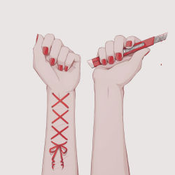 Rule 34 | absurdres, avogado6, blood, boxcutter, commentary request, cuts, fingernails, grey background, highres, holding, holding boxcutter, injury, nail polish, original, pov, pov hands, red nails, red ribbon, ribbon, simple background, symbolism