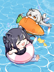 Rule 34 | 2girls, :d, afloat, ahoge, animal ears, barefoot, black hair, blue archive, blush, chibi, closed eyes, grey hair, hair between eyes, hair ornament, hair ribbon, halo, highres, inflatable carrot, innertube, kokona (blue archive), long hair, multicolored hair, multiple girls, open mouth, partially submerged, ribbon, rubber duck, shun (blue archive), shun (small) (blue archive), smile, streaked hair, swim ring, swimming, swimsuit, tiger ears, tiger girl, uz, water