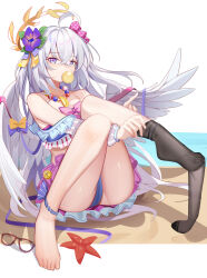 Rule 34 | 1girl, absurdres, angel wings, animal, ass, azusa (blue archive), azusa (swimsuit) (blue archive), barefoot, bikini, blue archive, feathered wings, feet, flower, foot up, glasses, grey hair, hair between eyes, hair flower, hair ornament, halo, highres, knees up, legs, long hair, looking at viewer, luai, no shoes, official alternate costume, pink bikini, pink eyes, purple flower, solo, starfish, swimsuit, toenails, toes, unworn eyewear, white wings, wings, yellow halo