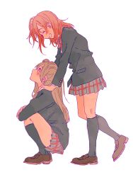 Rule 34 | 2girls, ^ ^, bad id, bad pixiv id, black socks, blazer, blush, bow, bowtie, brown footwear, brown hair, closed eyes, comforting, crossed arms, elbows on knees, full body, grin, hair bow, hands on another&#039;s shoulders, jacket, kneehighs, kosaka honoka, loafers, long hair, long sleeves, looking at another, looking down, looking up, love live!, love live! school idol project, minami kotori, multiple girls, one side up, orange hair, pleated skirt, shin9tani, shoes, simple background, skirt, smile, socks, squatting, standing, standing on one leg, striped bow, striped bowtie, striped clothes, striped neckwear, tears, white background, yellow bow