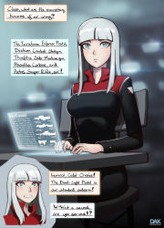 Rule 34 | 1girl, aged down, alternate costume, alternate hairstyle, blue eyes, blunt bangs, blush, breasts, commentary, embarrassed, english commentary, english text, genkai zero, holographic monitor, medium breasts, military, military uniform, original, silver hair, sitting, solo, uniform, valestina