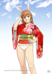 Rule 34 | 1girl, animal ears, azasuke, blue background, blue eyes, blush, breasts, charlotte e. yeager, clenched teeth, cloud, gradient background, hand on own hip, highres, japanese clothes, kimono, long hair, looking at viewer, no pants, orange hair, panties, rabbit ears, rabbit girl, sky, smile, solo, standing, strike witches, teeth, underwear, white panties, world witches series