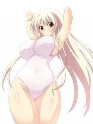 Rule 34 | 1girl, armpits, arms behind back, arms up, blush, breasts, character request, curvy, huge breasts, long hair, nanakorobi yaoki, navel, one-piece swimsuit, red eyes, sideboob, solo, swimsuit, very long hair, white hair