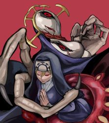 Rule 34 | 1girl, black nails, black sclera, blonde hair, claws, colored sclera, crown, double (skullgirls), dual persona, extra eyes, fingernails, habit, highres, jewelry, long fingernails, monster, nail polish, nashinashi 745, necklace, nun, one eye closed, own hands together, praying, red background, red eyes, skullgirls, solo, tentacles