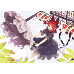 Rule 34 | 1girl, animal ears, blanket, bow, braid, cat ears, cat tail, dress, fangs, frills, hair bow, hair ornament, kaenbyou rin, leaf, looking at viewer, multiple tails, open mouth, puffy sleeves, red eyes, red hair, shihou (g-o-s), short hair, short sleeves, smile, solo, tail, touhou, twin braids, wheelbarrow