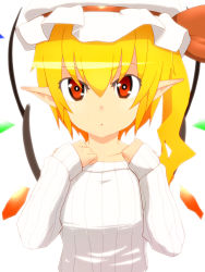 Rule 34 | 1girl, :&lt;, bad id, bad pixiv id, blonde hair, female focus, flandre scarlet, hat, hat ribbon, highres, looking at viewer, mantarou (shiawase no aoi tori), pointy ears, red eyes, ribbed sweater, ribbon, short hair, side ponytail, simple background, solo, sweater, touhou, white background, wings