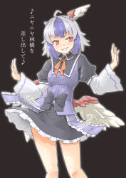 Rule 34 | 1girl, ahoge, arnest, black background, black dress, blue dress, blue hair, blush, commission, dress, eighth note, feet out of frame, frilled dress, frills, grey hair, head wings, highres, horns, long sleeves, motion lines, multicolored hair, musical note, open mouth, red eyes, short hair, simple background, single head wing, skeb commission, smile, solo, tokiko (touhou), touhou, translation request, two-tone hair, wide sleeves, wings