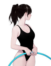 Rule 34 | 1girl, athletic leotard, bare arms, bare shoulders, black hair, breasts, cleavage, collarbone, commentary, cowboy shot, dongho kang, highleg, highres, holding, hoop, hula hoop, large breasts, leotard, long hair, looking to the side, original, pale skin, ponytail, simple background, solo, symbol-only commentary, white background